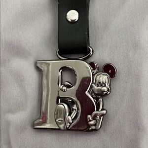 Disney Silver Mickey Mouse Keychain with Black Leather Loop Letter B New